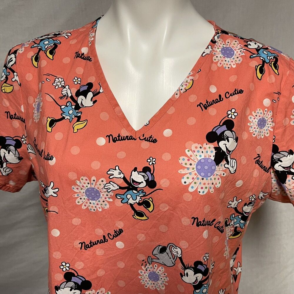 Disney Parks Pink Nurse Scrub Top 2 pockets Minnie Mouse Natural Cutie Medium